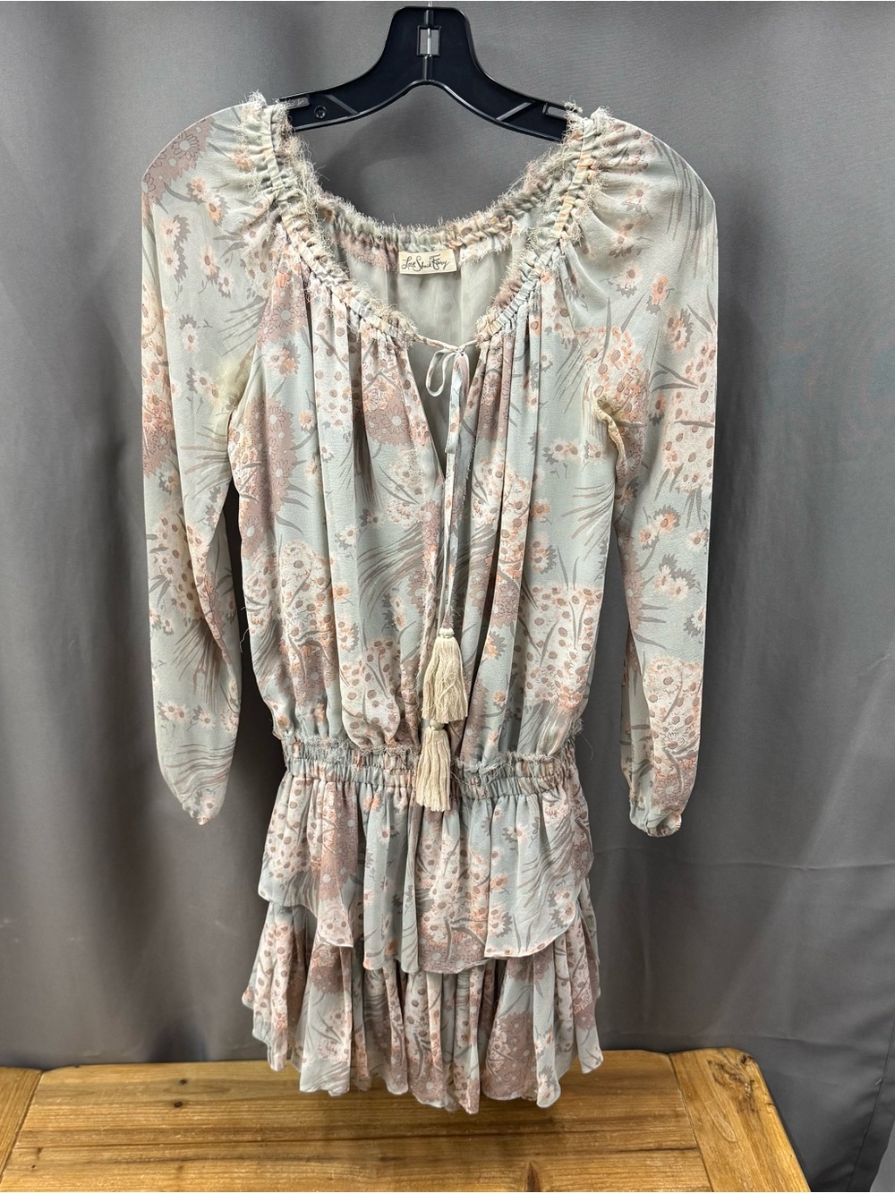 LoveShackFancy Light Blue and Blush Floral Tiered Long-Sleeve Dress